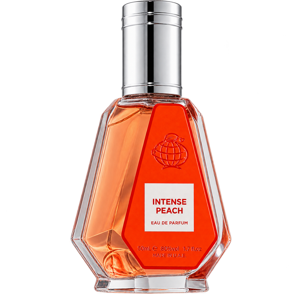 Fragrance World Intense Peach 50ml eau de parfum bottle — Perfume Studio